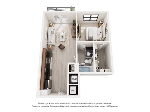 A 3D floor plan of a small apartment with a kitchen, living room, and bathroom.